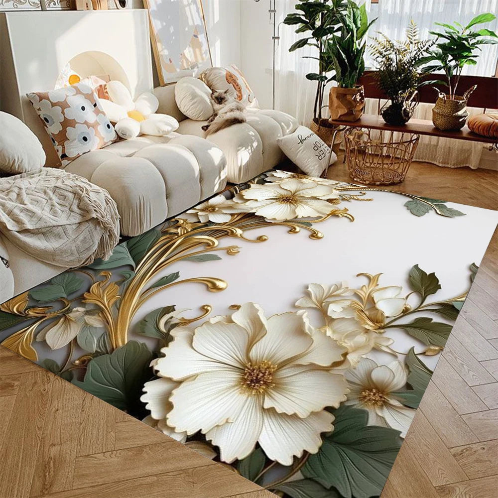 tapis moderne fleurs détaillées doré blanc salon chambre salle bain facile nettoyer polyester