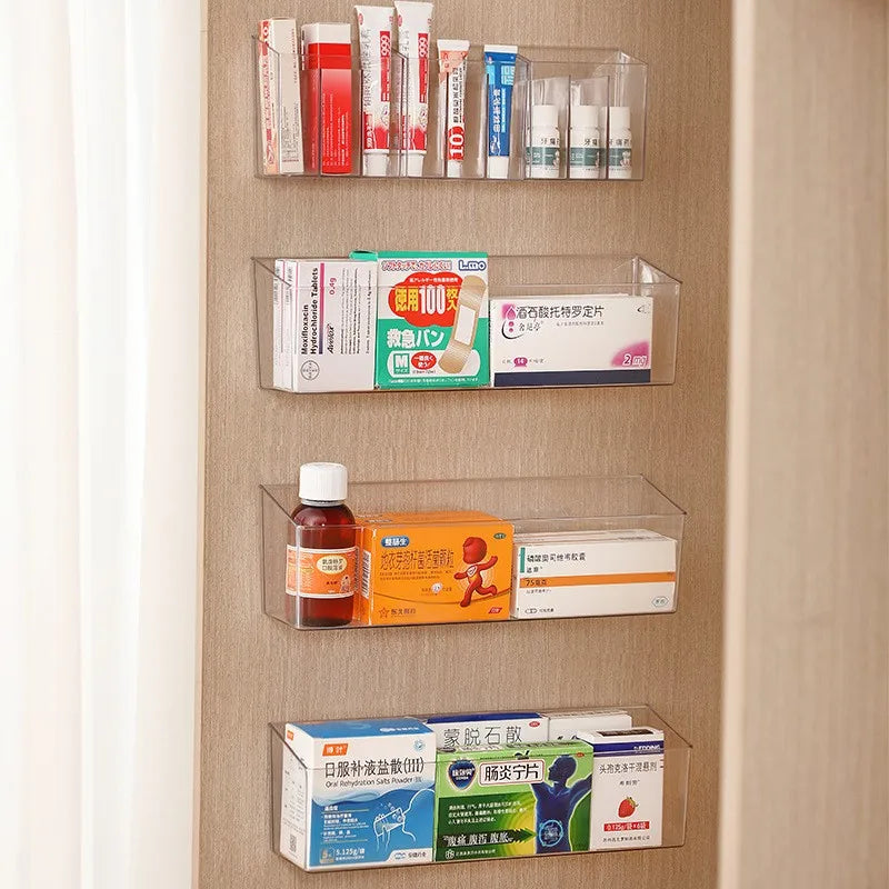 rangement mural transparent minimaliste adhésif boîtes médicaments tubes crèmes bouteilles lotions moderne organisation produits