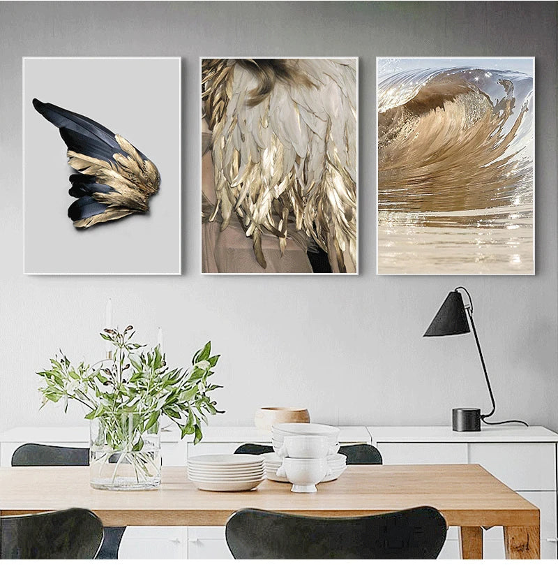 Peinture sur toile ailes d'ange abstraites en plume d'or pour salon moderne