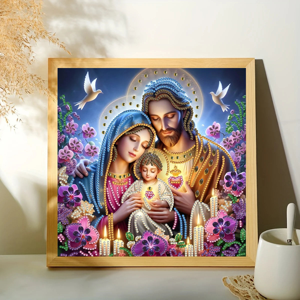 tableau religieux floral ange colombes motifs baroques décor maison bleu doré rose violet blanc