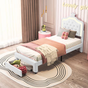 Lit enfant avec tête de lit couronne et tiroir de rangement - Blanc ou Rose - 90x200cm ou 140x200cm