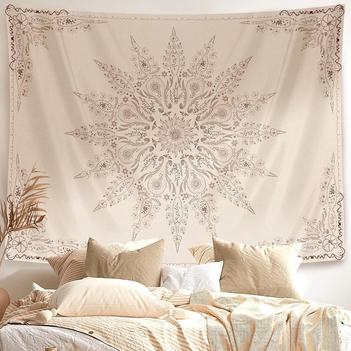 tapisserie murale boho chic motif floral complexe polyester beige clair foncé rectangle moderne