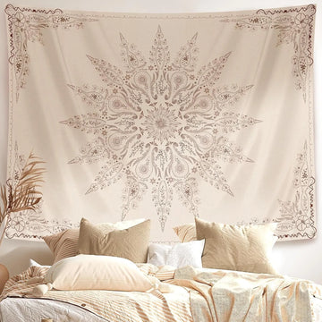 tapisserie murale boho chic motif floral complexe polyester beige clair foncé rectangle moderne
