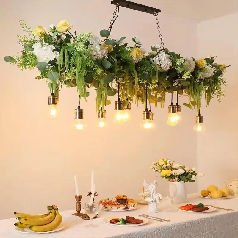 Suspension lumineuse rustique feuilles fleurs vert blanc led pendentif naturel chambre salon