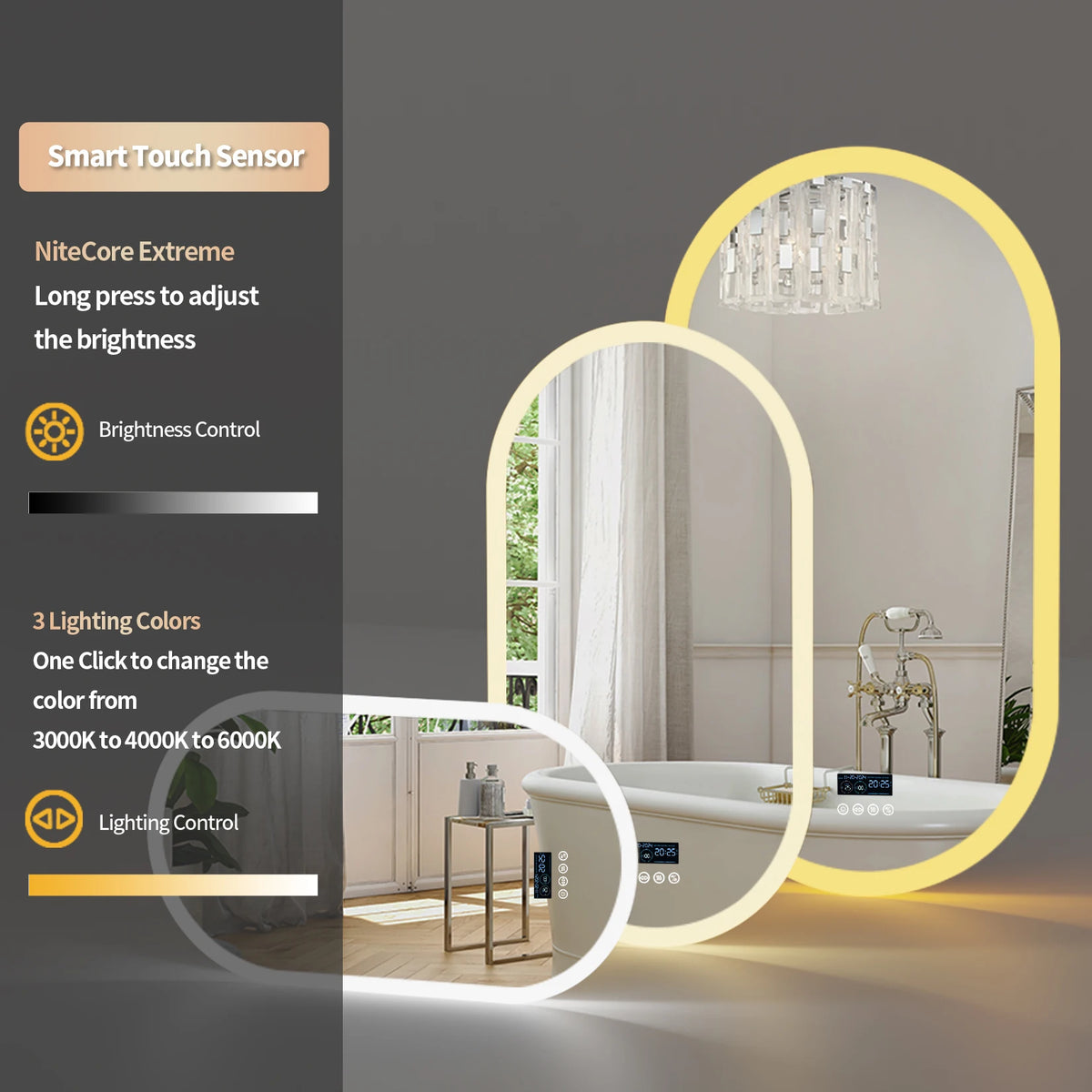 miroir lumineux moderne bluetooth éclairé anti buée date heure marbré blanc beige