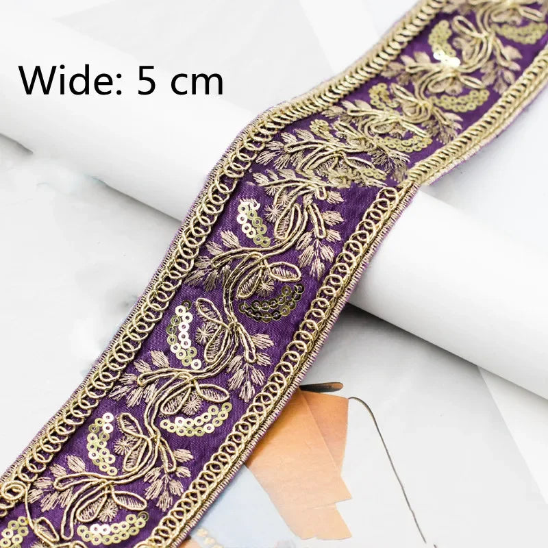 ruban decoratif brode floral paillettes dorées sequins blanc polyestere ecologique