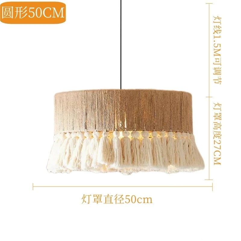 suspension lumineuse boho tissu tressé franges beige blanc rustique