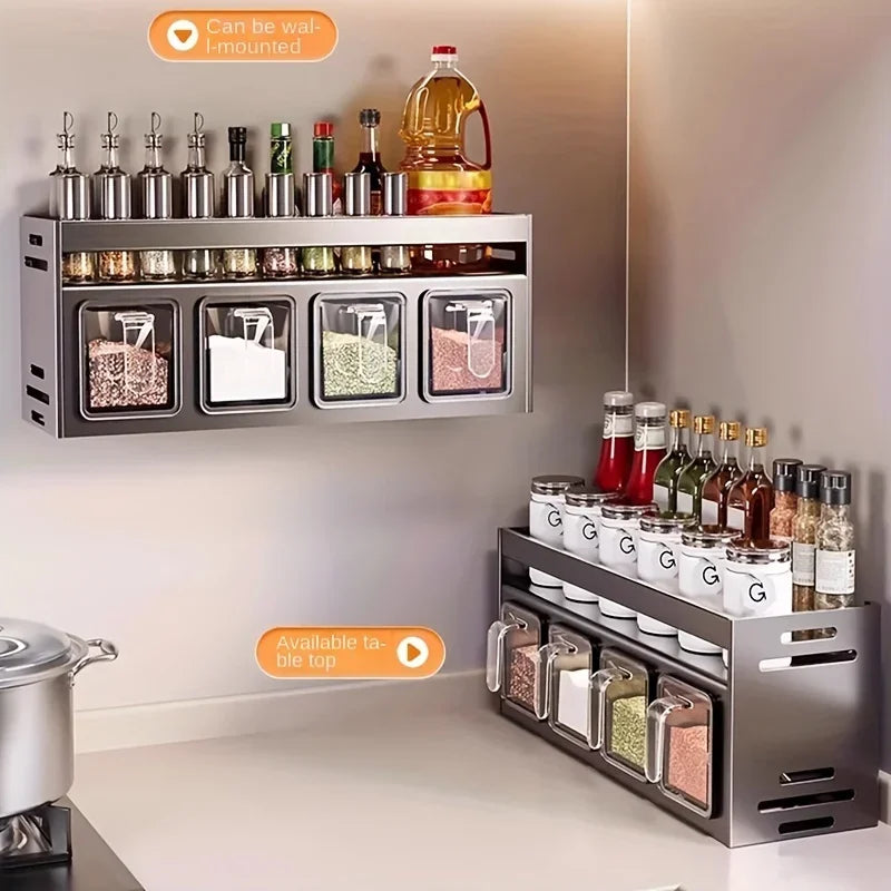 organisateur mural étagères transparentes épices condiments cuisine moderne minimaliste fixations adhésives pots bouteilles rangement
