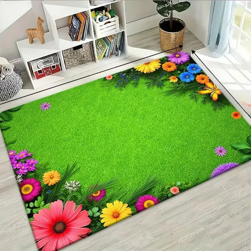 tapis moderne herbe verte fleurs colorées salon facile nettoyer polyester polypropylène