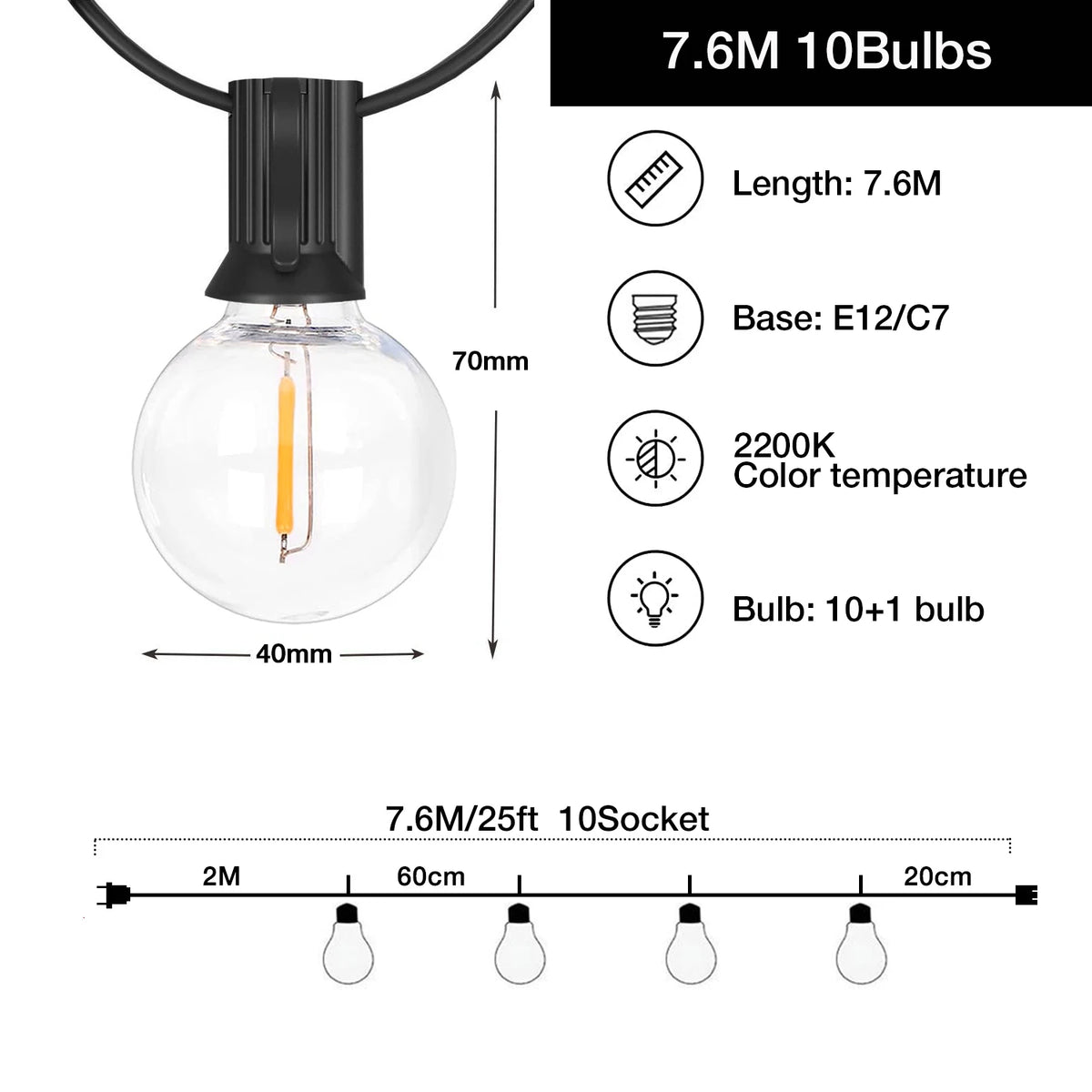 guirlande lumineuse extérieure globe led transparente vintage 10m 15prises clips