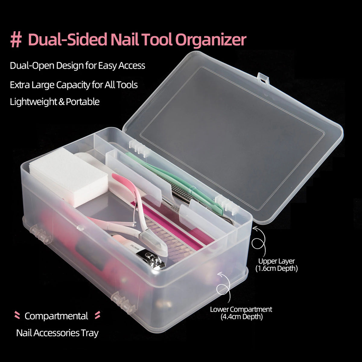 boîte outils ongles transparente double ouverture niveaux organisateur nail art brosse lime vernis manucure