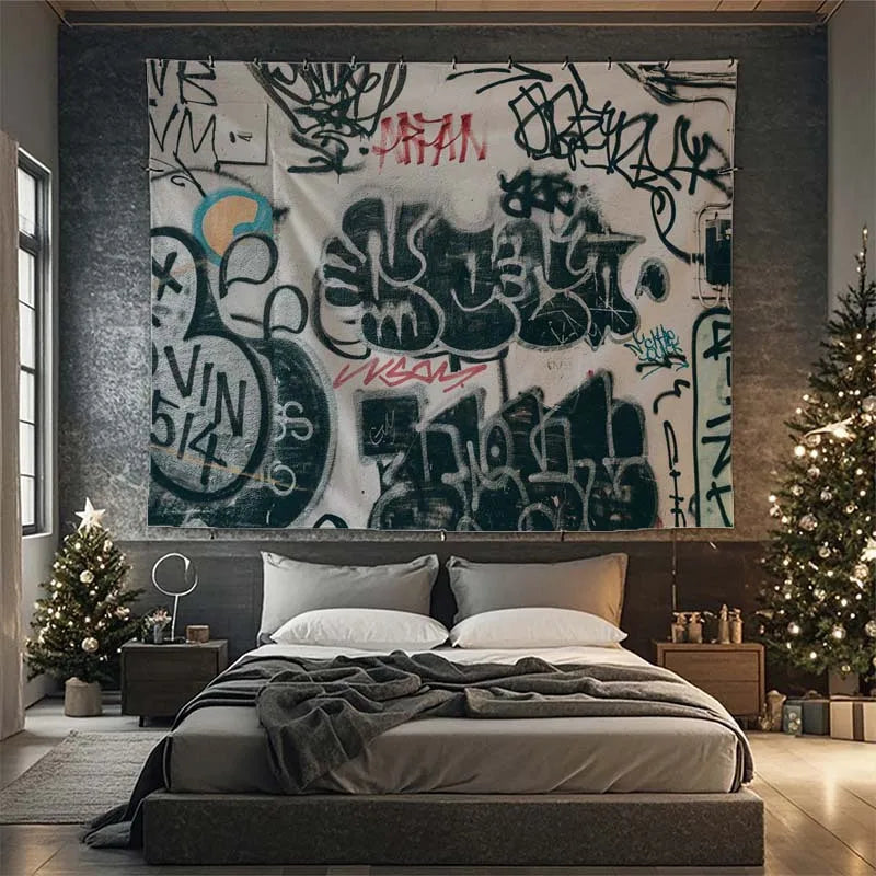 tapisserie graffiti moderne polyestère blanche noire bleue rouge verte urbaine abstraite clips clous adhésif