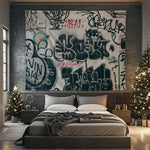 tapisserie graffiti moderne polyestère blanche noire bleue rouge verte urbaine abstraite clips clous adhésif