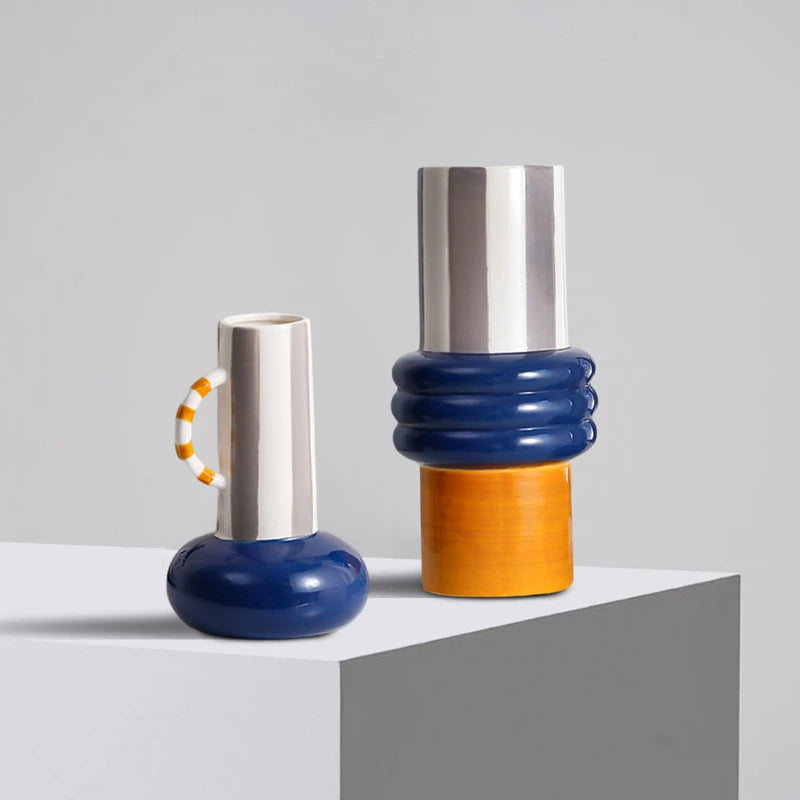 vase décoratif moderne bleu blanc orange lisse texturé géométriquebranches fleurs
