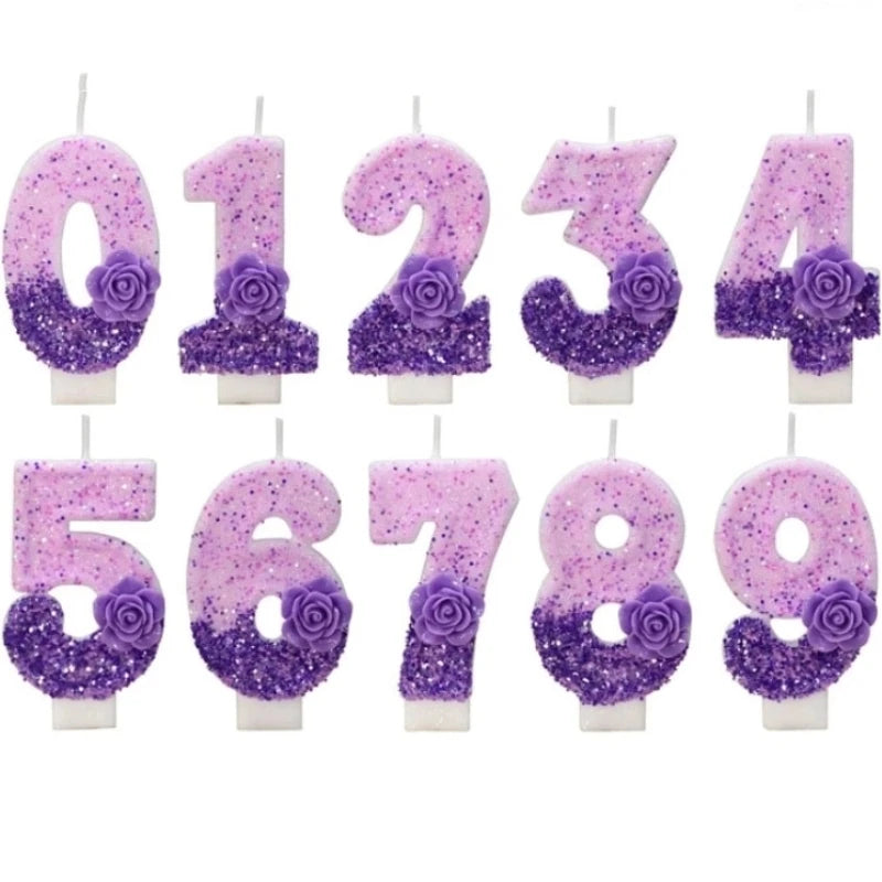 bougies forme chiffres pailletées violettes blanches décoratives anniversaire festive filles garçons