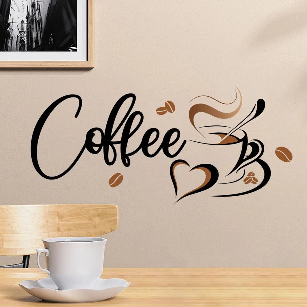 autocollant mural moderne coffee lettres grains cœur abstrait autoadhésif pvc salon restaurant cuisine décoration