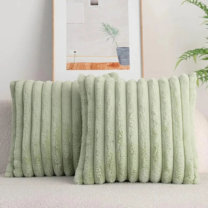 housse coussin carrée fausse fourrure polyester coton rayures horizontales teint uni beige gris rose