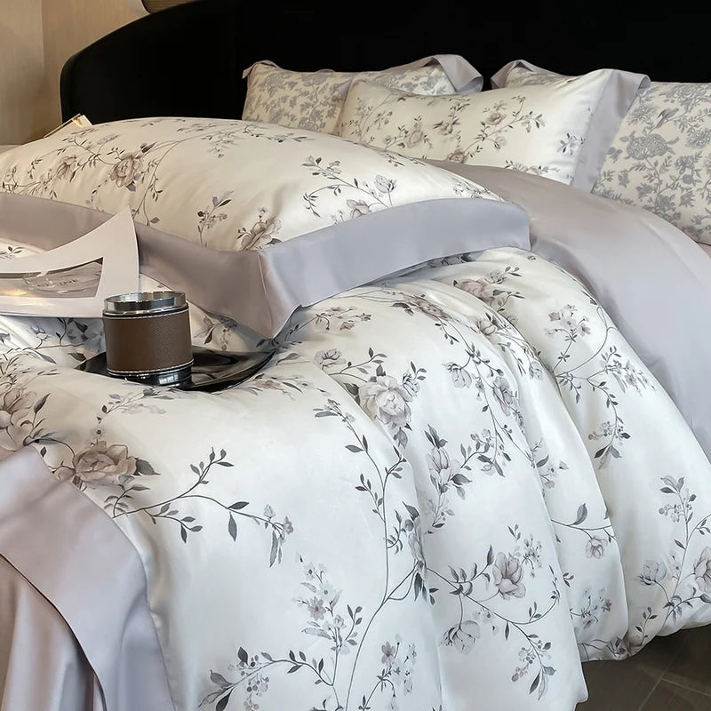 ensemble literie fleurs gris blanc housse couette drap taies oreiller lyocell eucalyptus doux