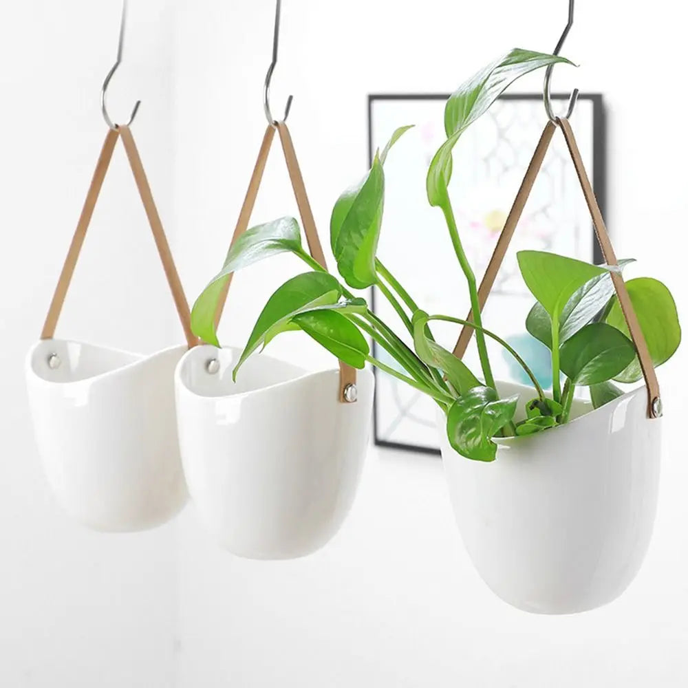 pots fleurs suspendus blanc modernes sangles simili cuir plantes succulentes minimaliste