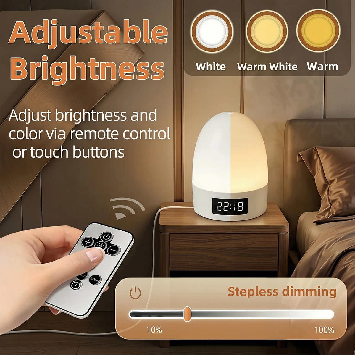 veilleuse lampe chevet blanc moderne affichage heure commande tactile rechargeable