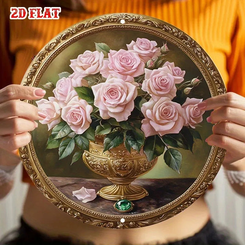 tableau mural classique bouquet roses vase doré élégant salon studio décor or rose verte