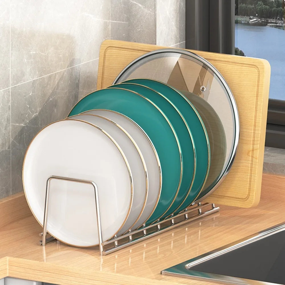 rangement vaisselle moderne rack assiettes bols argenté cuisine réutilisable minimaliste égoutoir organisation plat couvercle