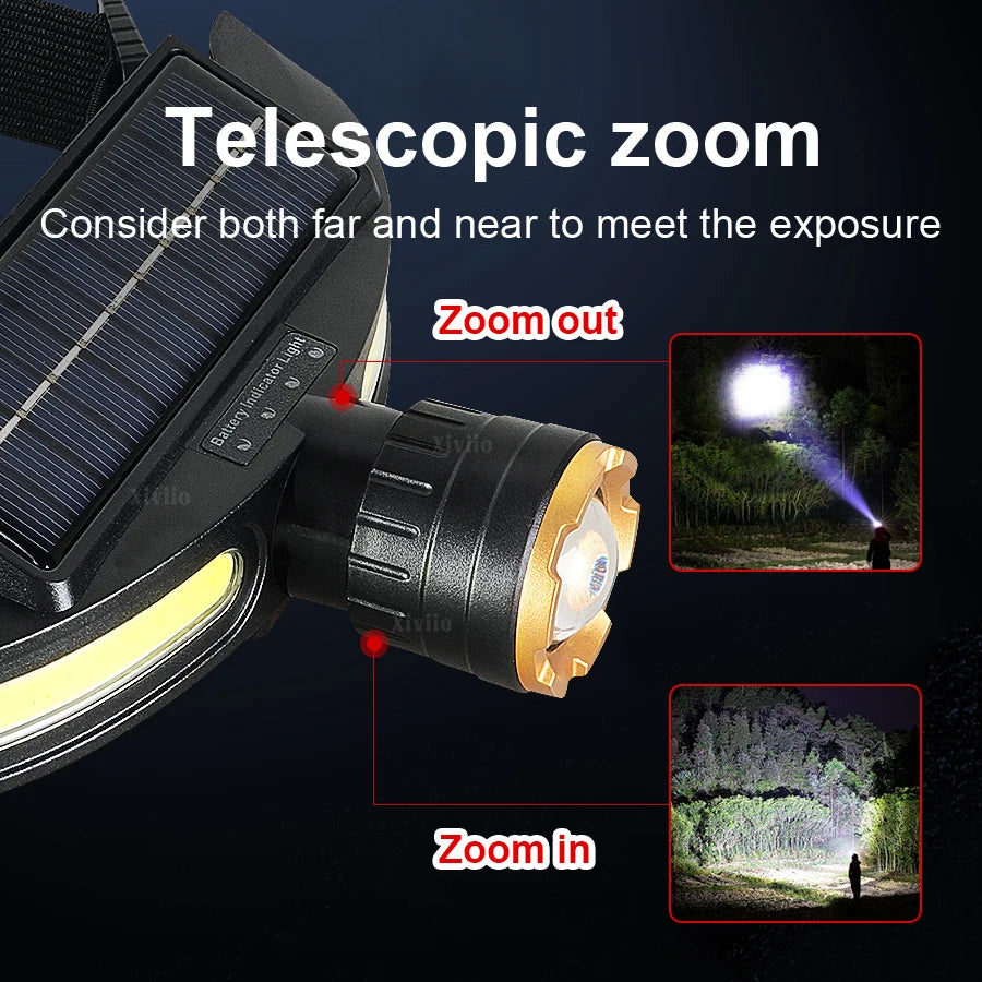 lampe frontale solaire rechargeable led noir bleu doré étanche randonnée pêche modulaire ceinture ajustable