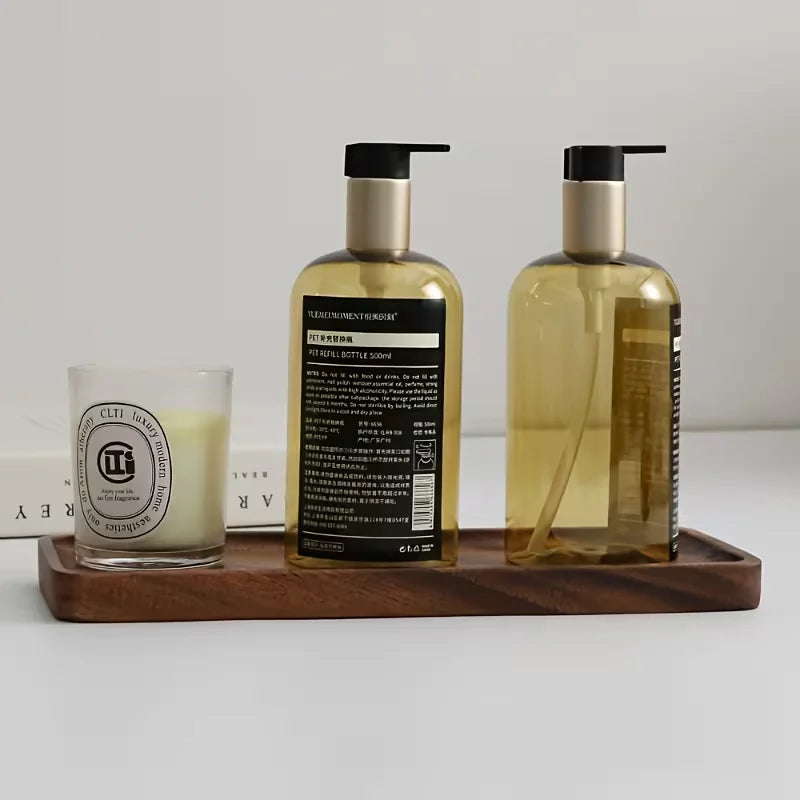 plateau bois marron foncé naturel rectangulaire moderne minimaliste bougie parfumée bouteilles savon liquide petite