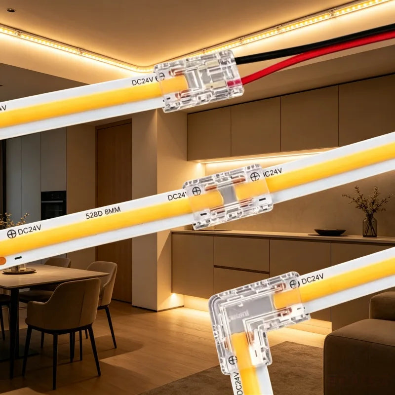 connecteur angle droit 90 degrés ruban led cob clips fixation pression transparent blanc