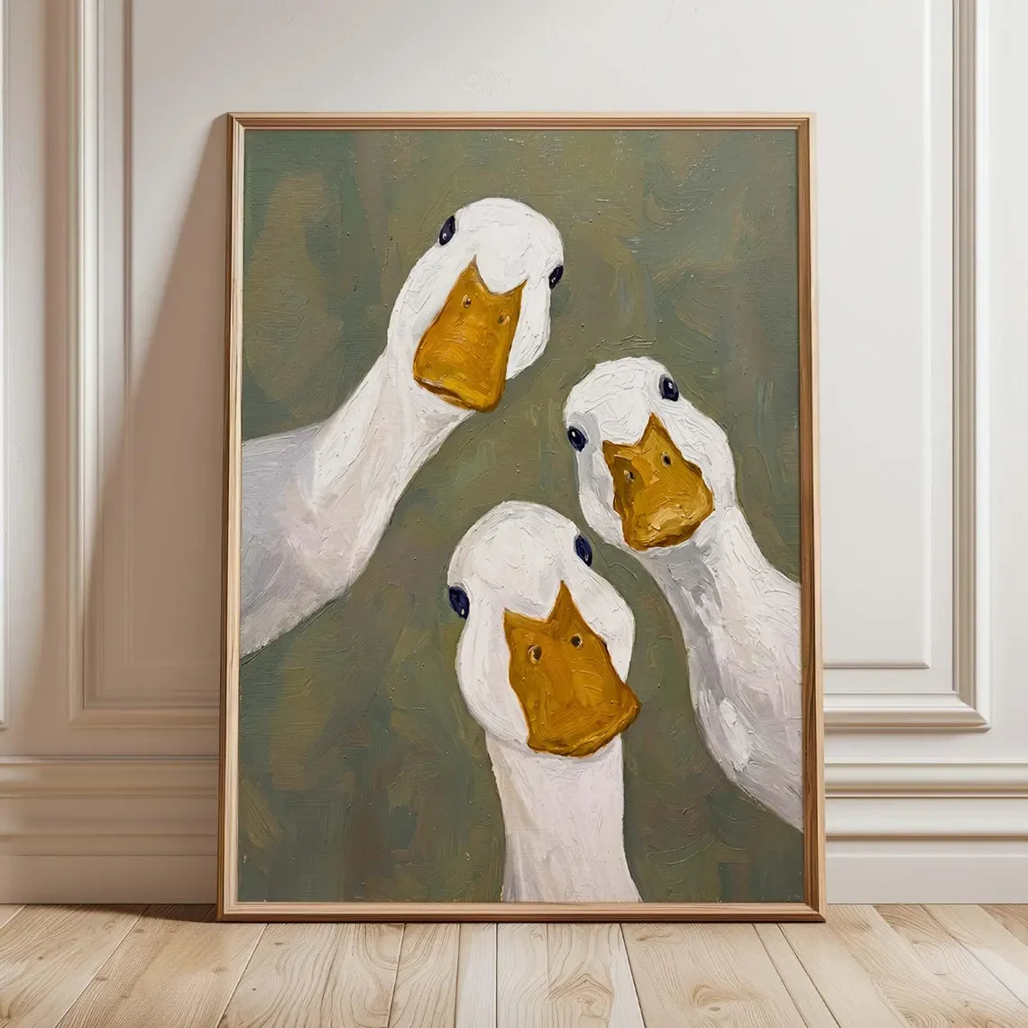 tableau peint trois canards blancs jaune verte art contemporain décoration salle bain chambre farmhouse