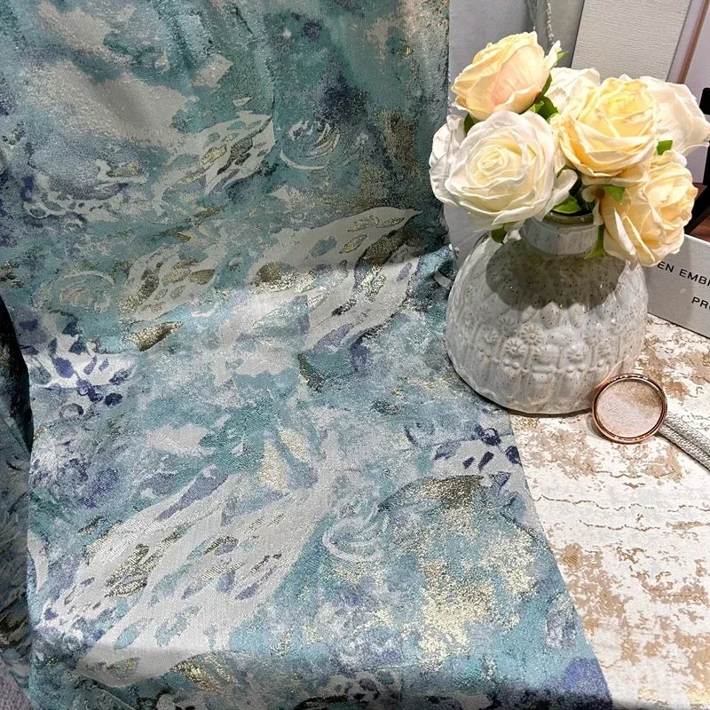 rideau occultant bleu gris doré motif floral brodé épais salon chambre classique élégant maison