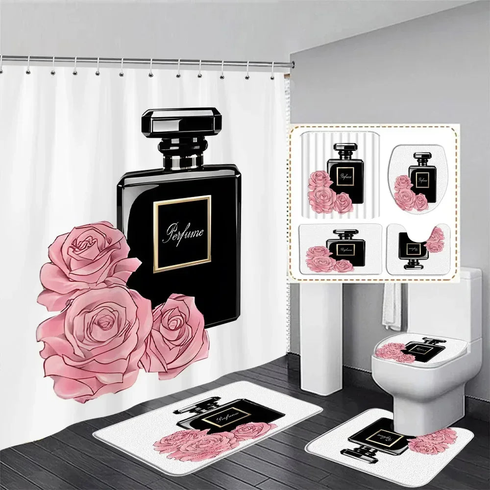 ensemble décoration salle bain rideau douche tapis sol couvercle toilette motif fleur rose