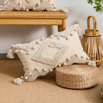 coussin beige géométrique frange boho chic intérieur décoration maison lavable