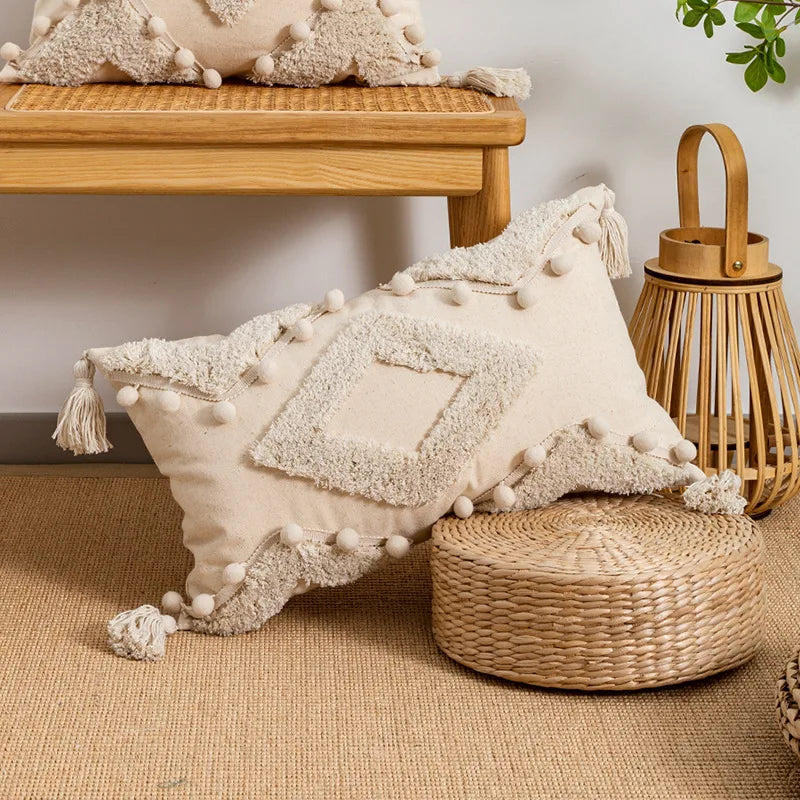 coussin beige géométrique frange boho chic intérieur décoration maison lavable