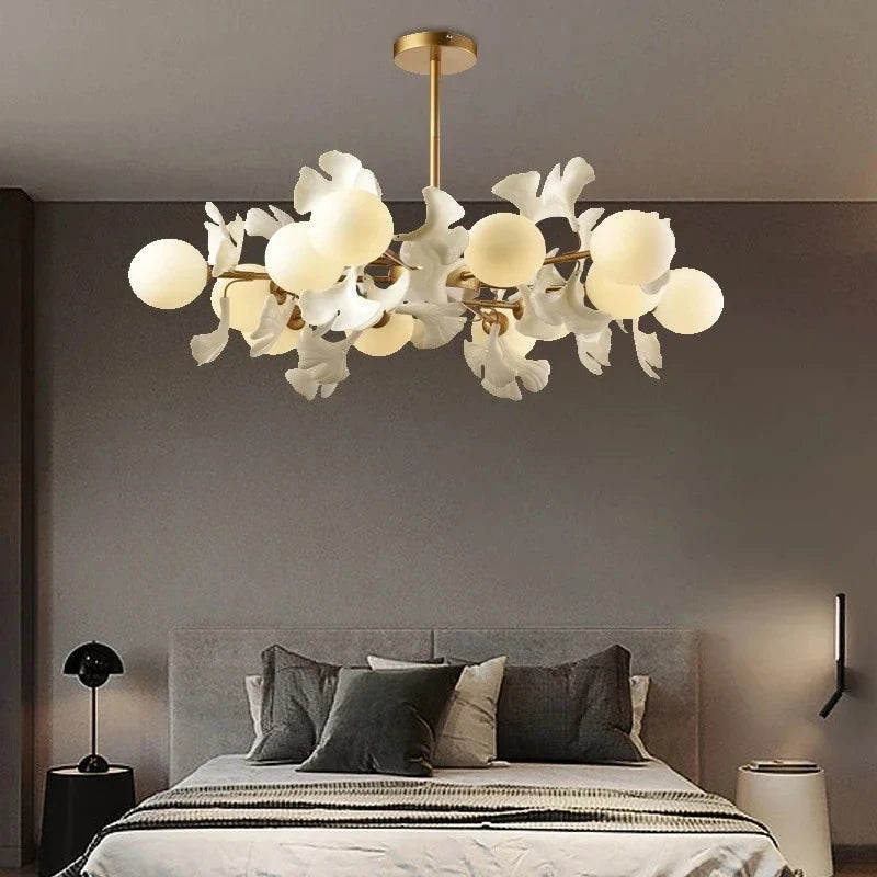 Suspension lumineuse moderne or blanc acrylique verre dépoli 18 ampoules led 90cm