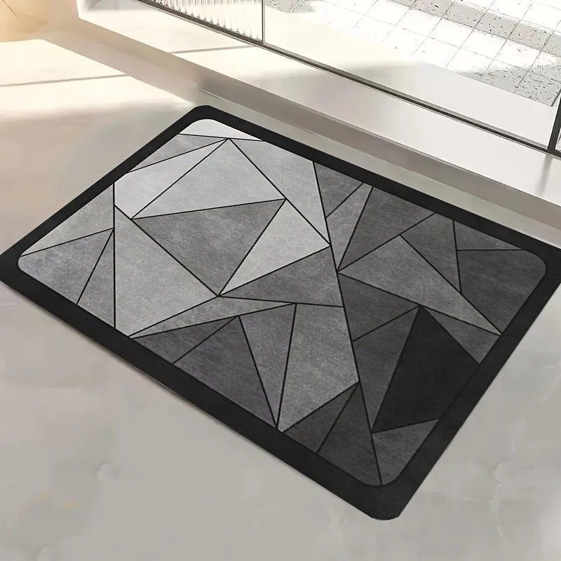 tapis sol salle bain gris noir géométrique minimaliste antidérapant lavable machine respectueux environnement triangles