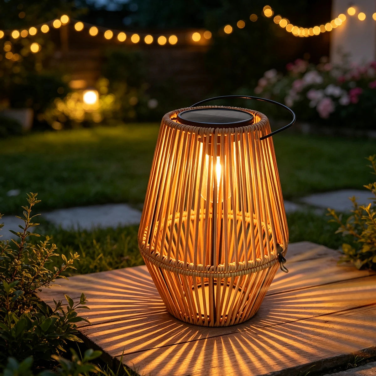 lanterne solaire marron tressée rotin rustique extérieure led patio jardin autoinstallation