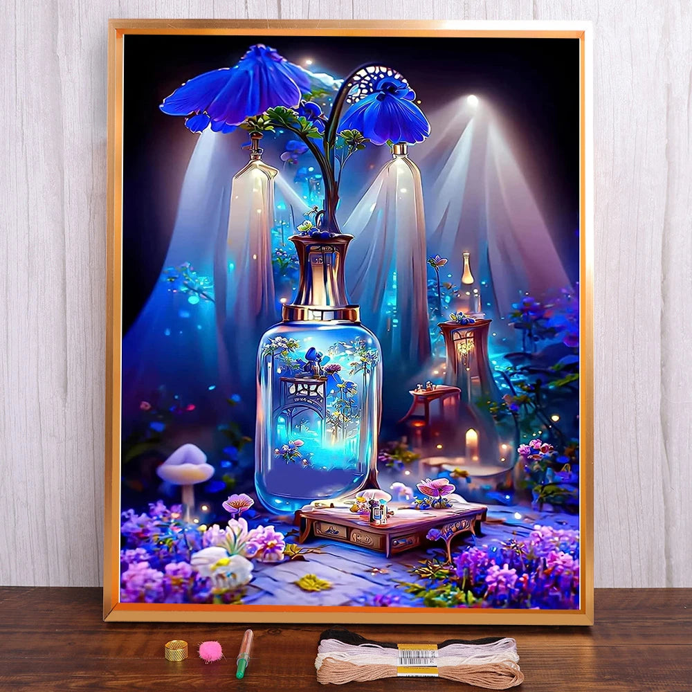kit broderie point croix motifs floraux peinture artisanale toile coton multicolore moderne éléments cadre