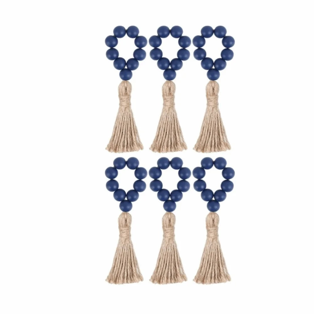 anneau serviette bois franges brocart bleu marine naturel décoratif rustic