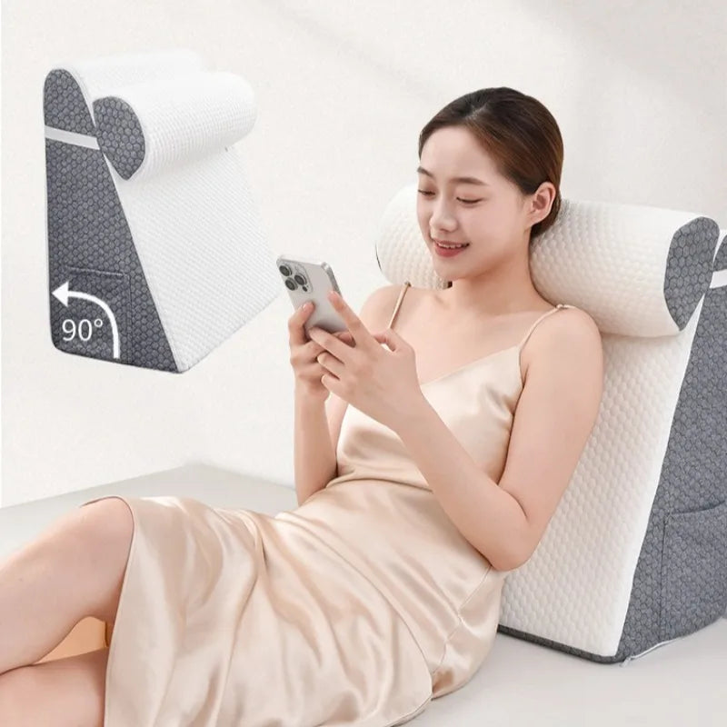 coussin wedge mousse mémoire forme tissu géométrique blanc gris oreiller intégré confortable ergonomique configurable