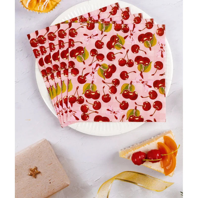 serviettes jetables rose clair cerises feuilles vertes fond rose moderne opaques pack 20PCS