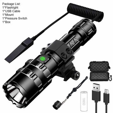 lampe poche rechargeable led intense résistante choc adaptable picatinny monture verte blanche usb câble