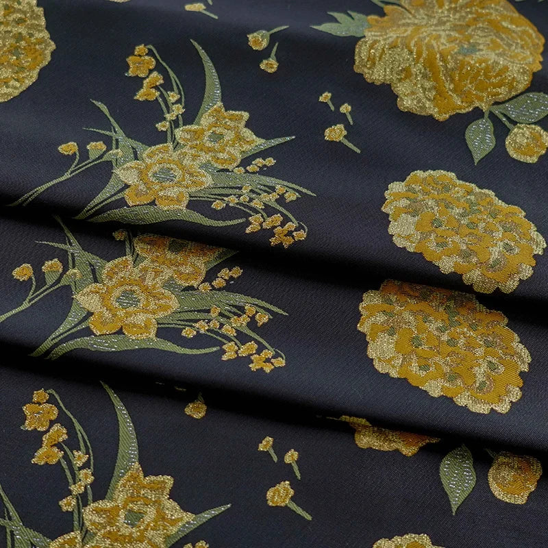 tissu brocart floral texturé noir jaune vert résistant bricolage decoratif 145cm