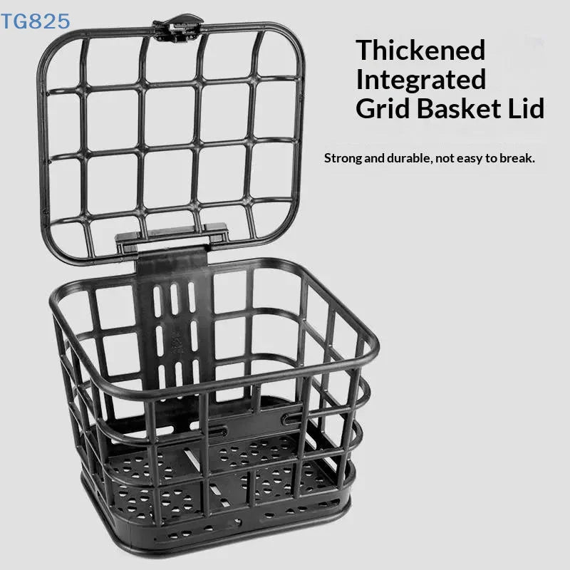 panier avant vélo électrique noir structure grille couvercle poignée fixations utilitaire rangement sac plastique
