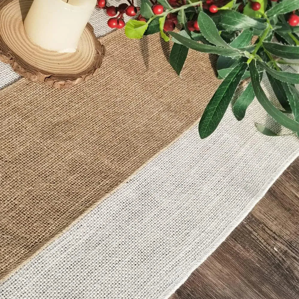 nappe rustique jute beige marron bords lisses texture automnale feuilles séchées chandelles blancs