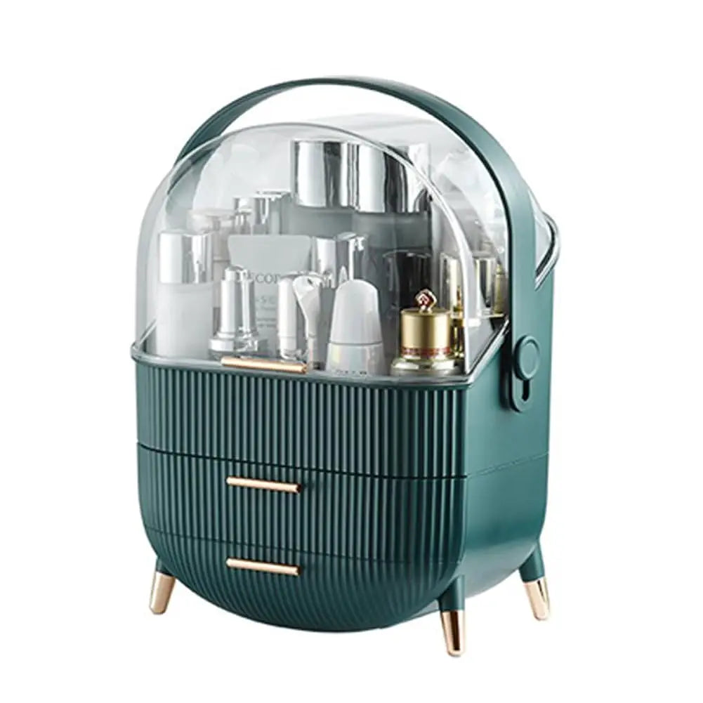 boîte rangement cosmétique moderne noir vert élégante deux étages poignées skincare makeup caddy