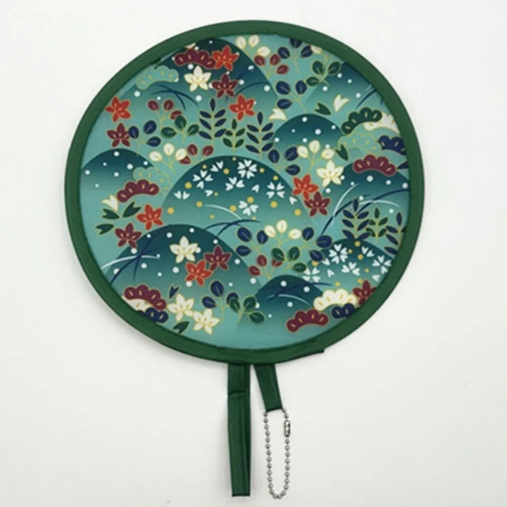 éventail pliant traditionnel japonais motif floral chaîne métallique bleu rose violet rouge blanc