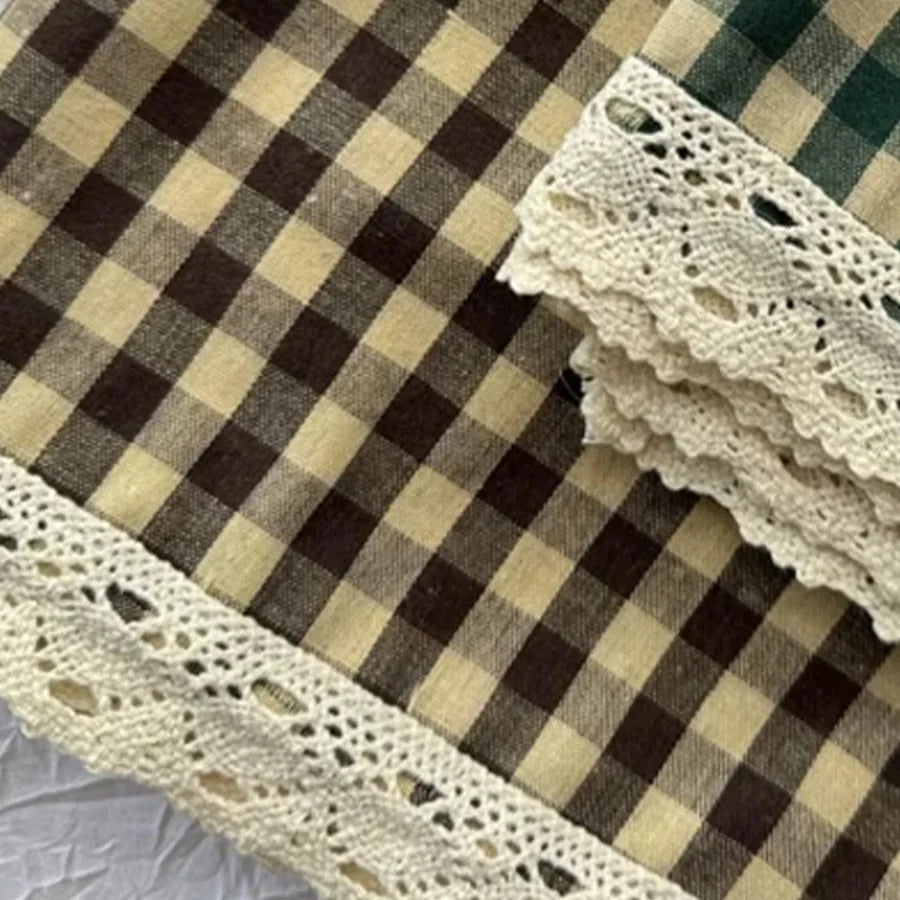 rideau marron clair carreaux gingham vintage polyester ruban dentelle cuisine chambre salon