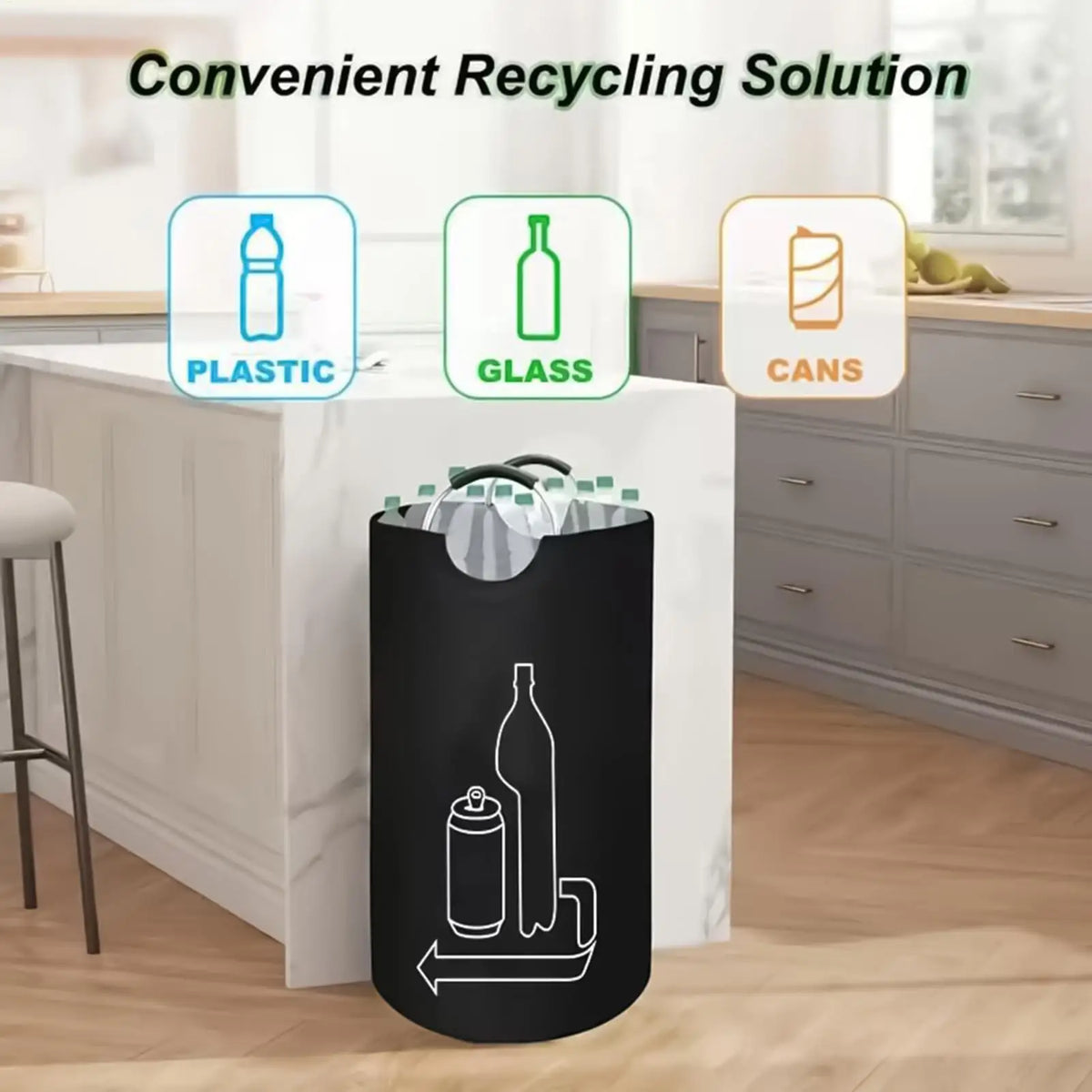 sac poubelle recyclage noir bouteilles plastique verre canettes tissu texturé poignées rembourrées moderne minimaliste