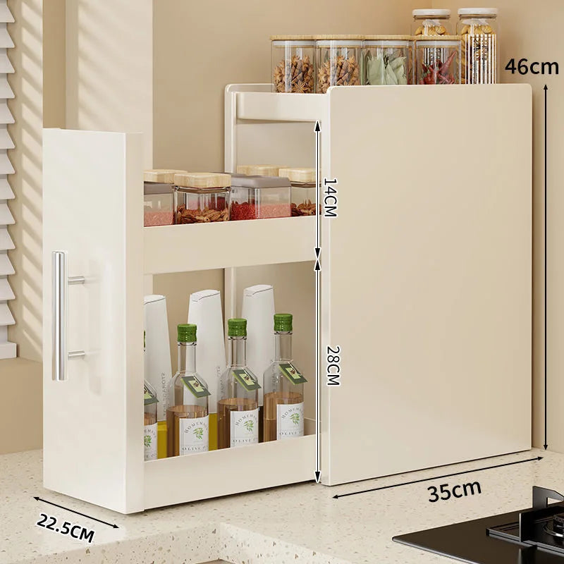 rangement cuisine blanc moderne cuillères bouteilles sauces épices poignées métalliques sans assemblage